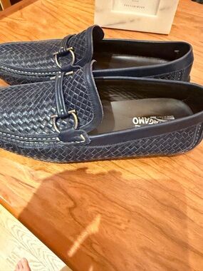 Salvatore Ferragamo Navy Woven Leather Bit Loafers